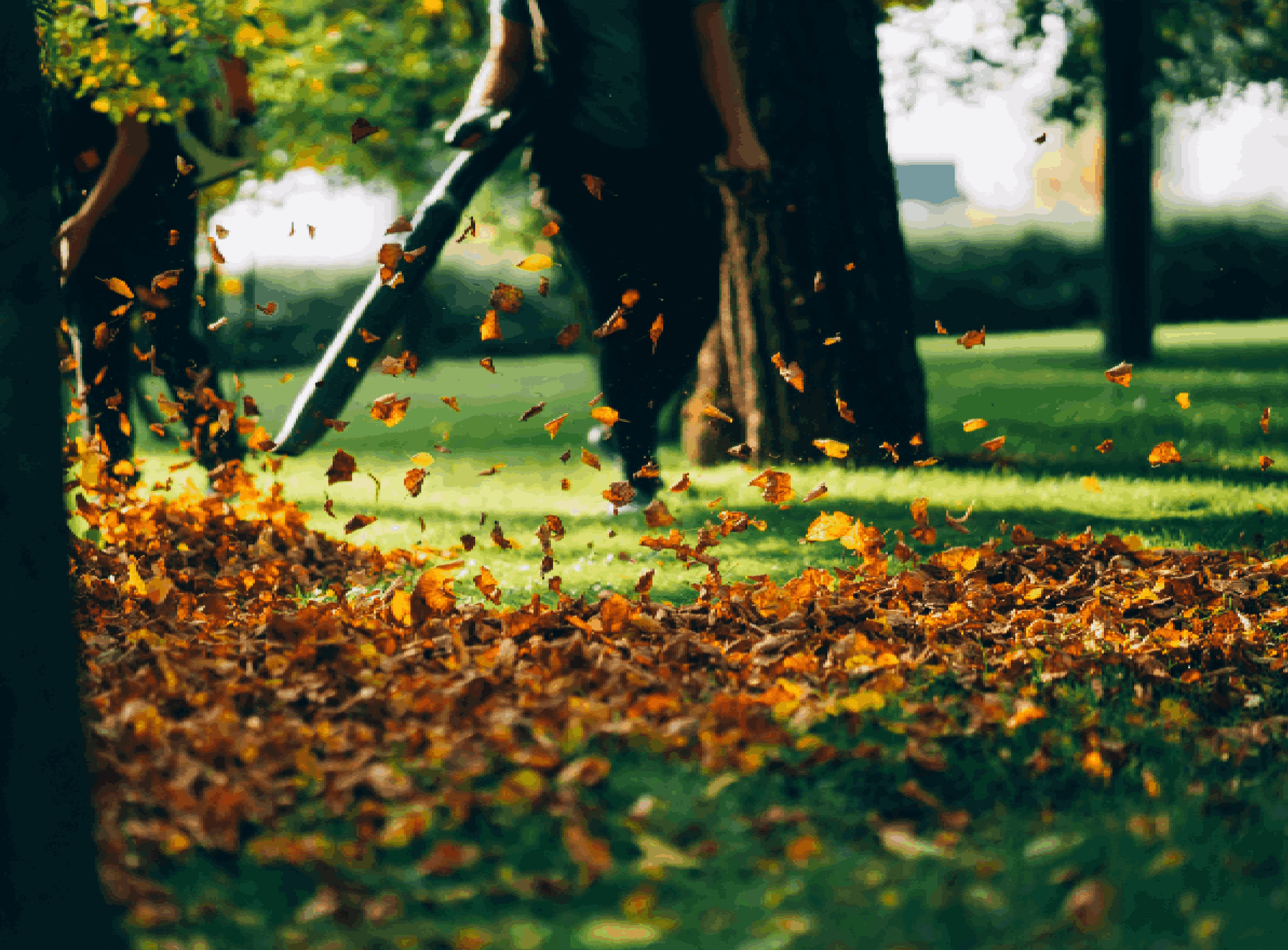 A woman operating a heavy duty leaf blower.<br />
